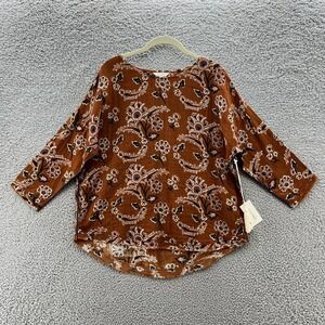 Voloshin Blouse Womens XS Brown Paisley Relaxed Cotton 3/4 Sleeve Boho Top